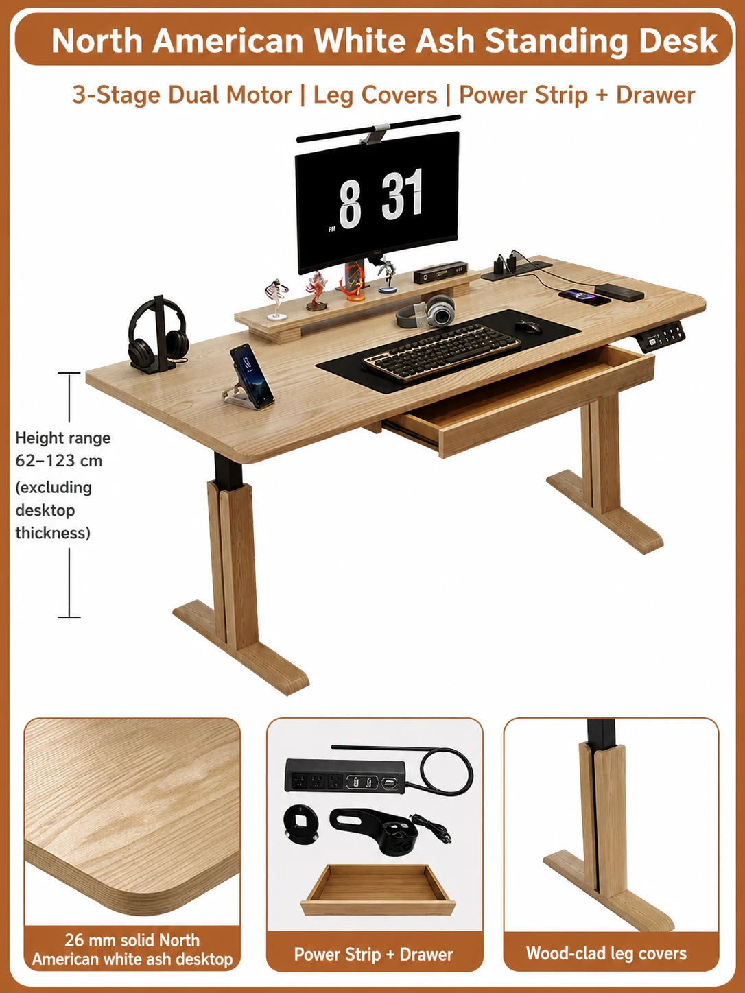 Three-stage white ash standing desk with power strip and drawer