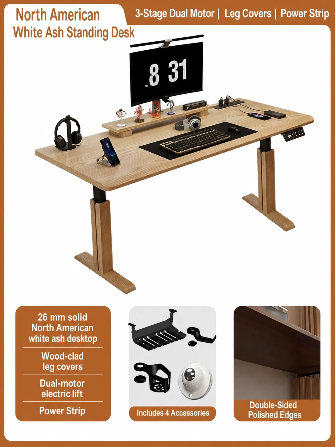 Three-stage dual-motor white ash standing desk with built-in power strip
