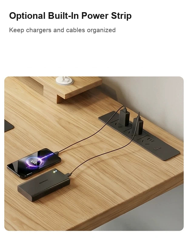 Optional built-in power strip on a solid white ash electric standing desk