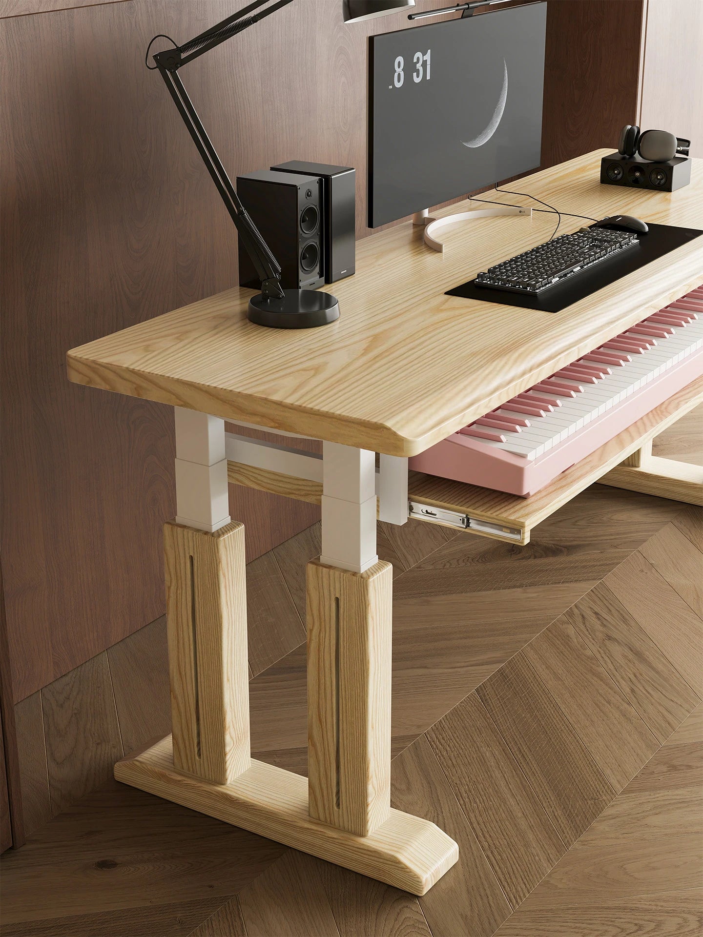 Solid wood keyboard tray under a white ash standing desk