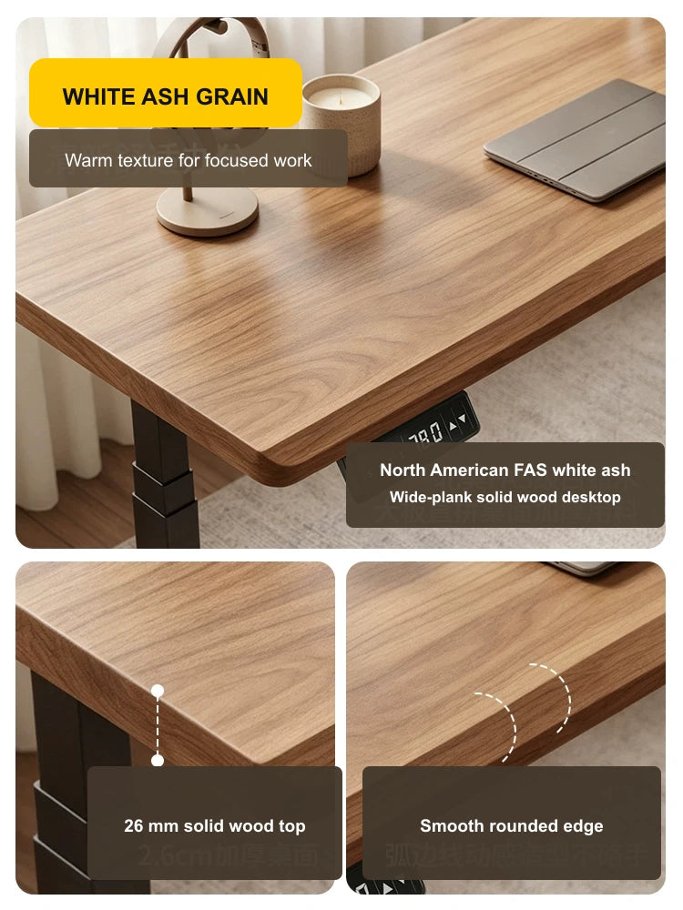 Close-up details of North American white ash standing desk grain and rounded desktop edge