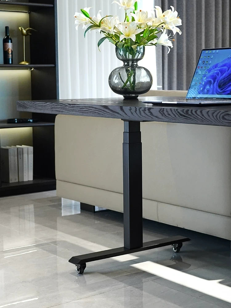 White ash standing desk side profile with metal lifting legs
