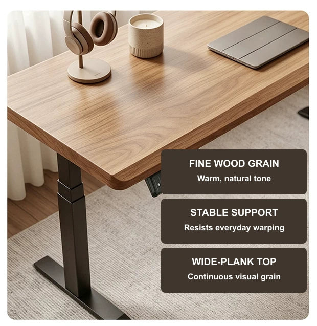 Close-up of the white ash solid wood standing desk grain and wide-plank construction