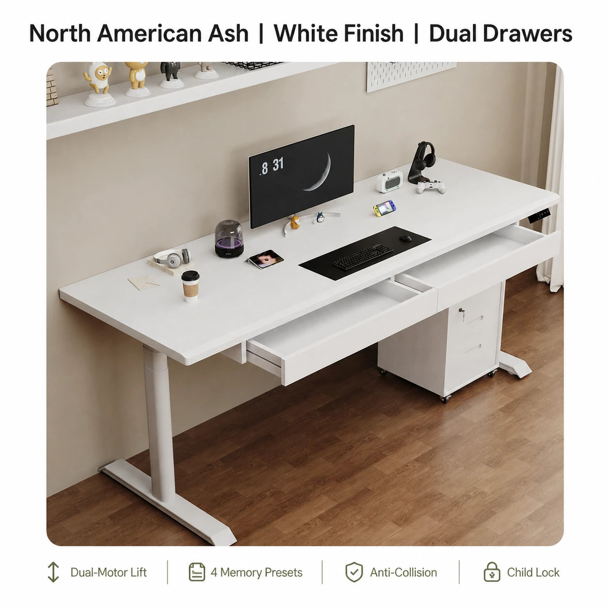 White ash electric standing desk with two integrated drawers