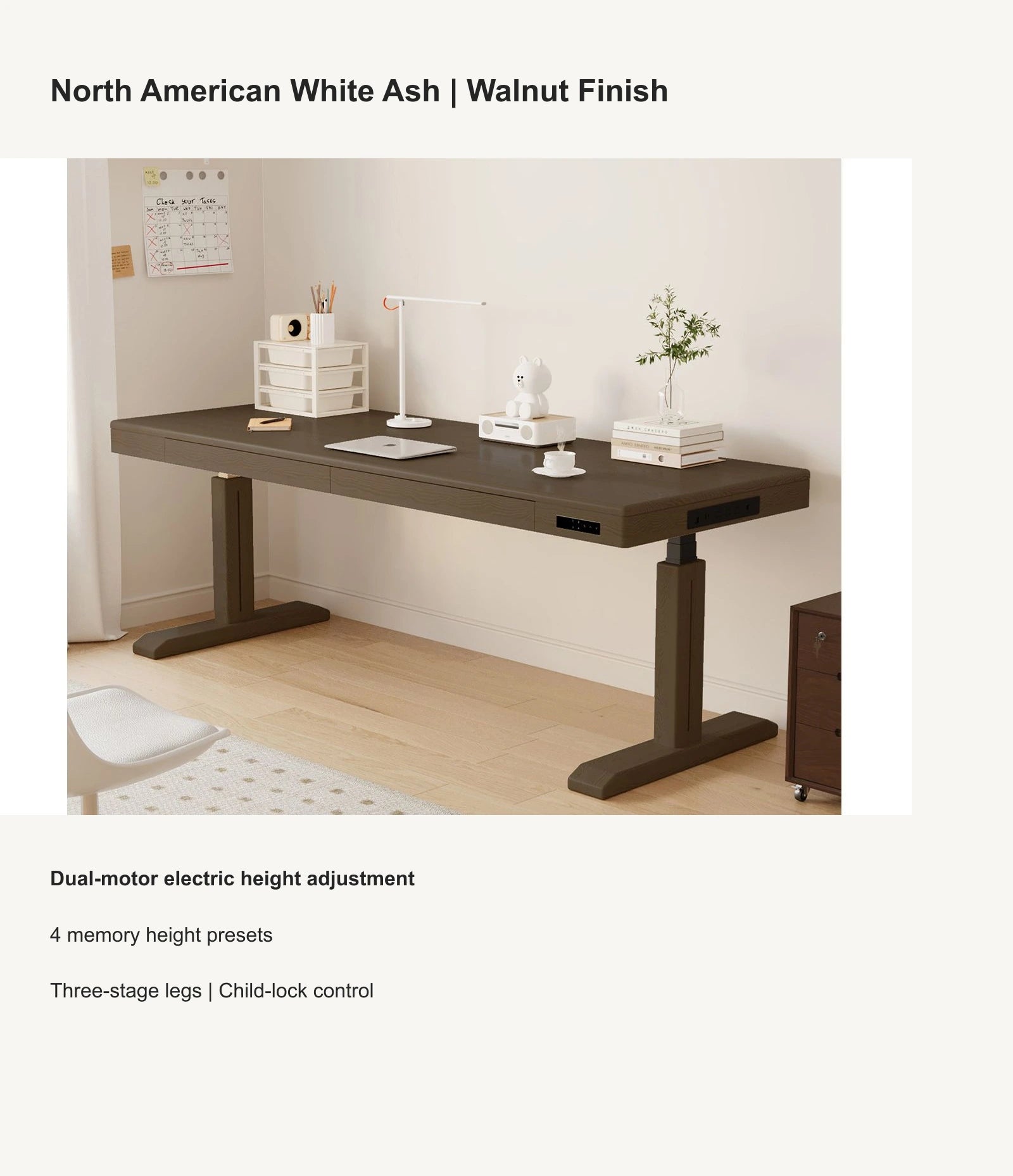 North American white ash electric standing desk with walnut finish