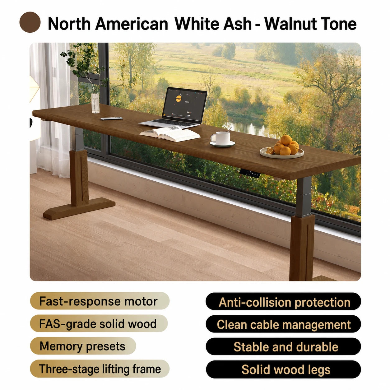 Walnut-tone white ash electric standing desk in a window office