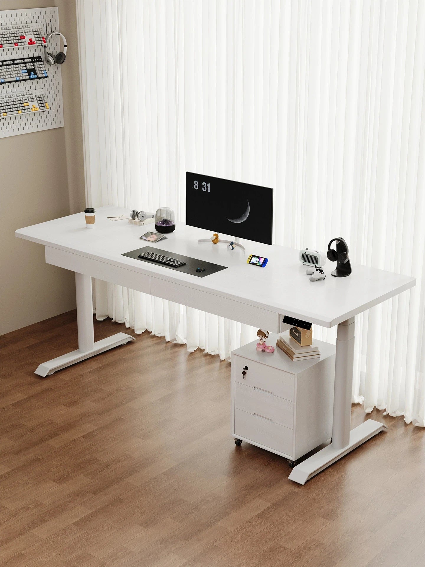 White height adjustable desk workstation with monitor