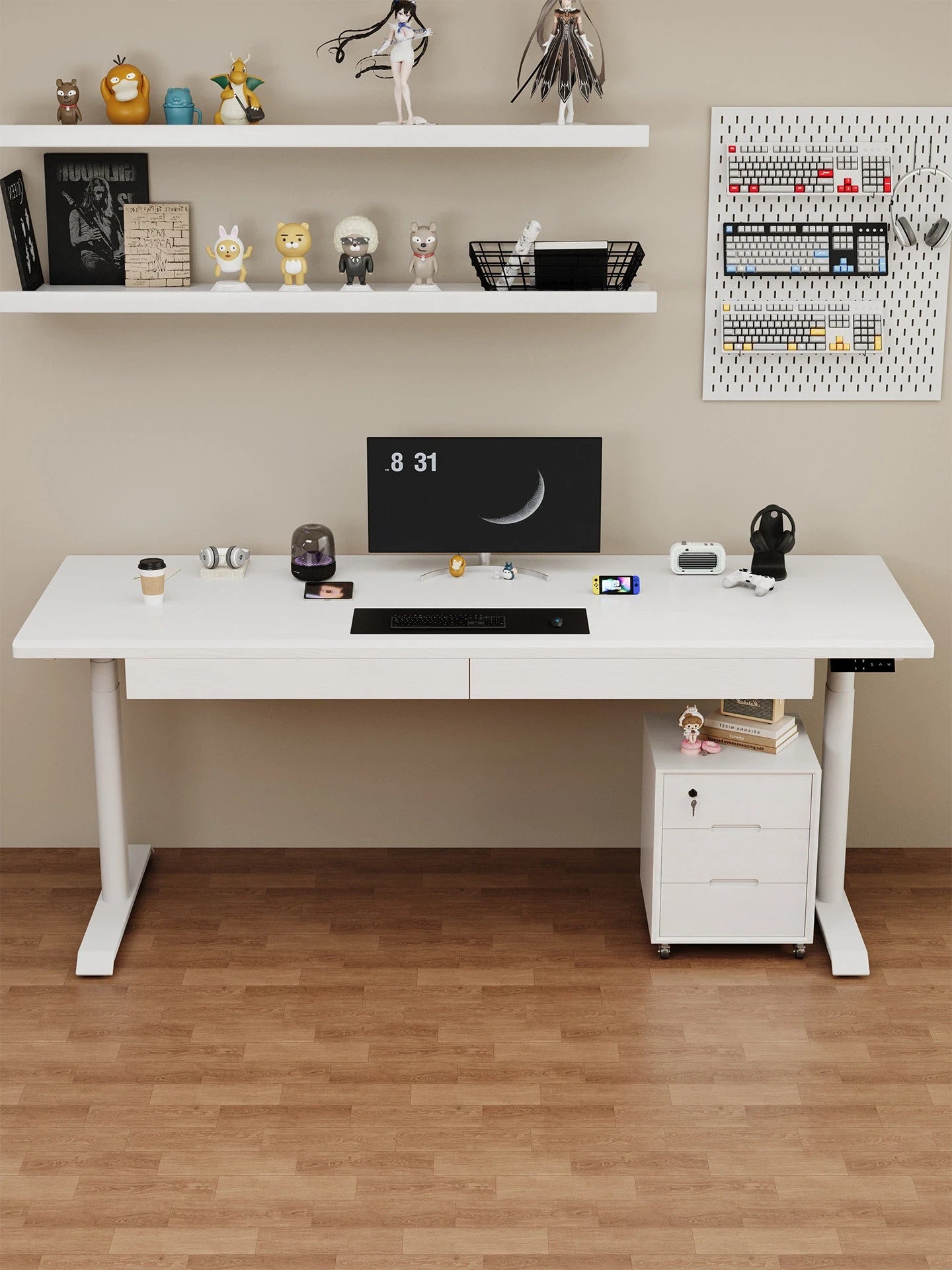 White electric standing desk with mobile file cabinet