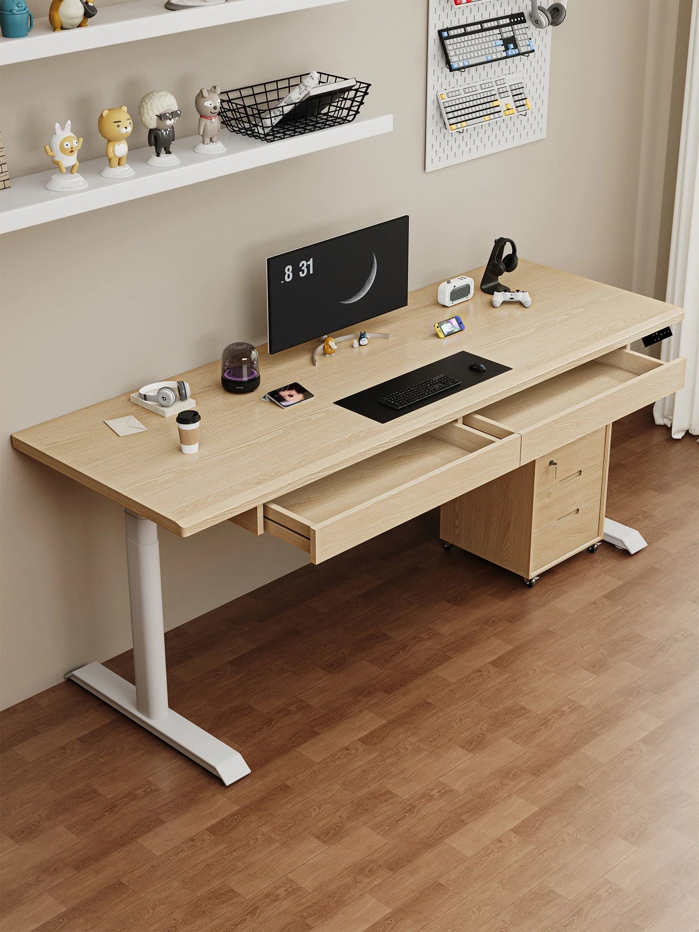 Wide solid ash electric standing desk for home office