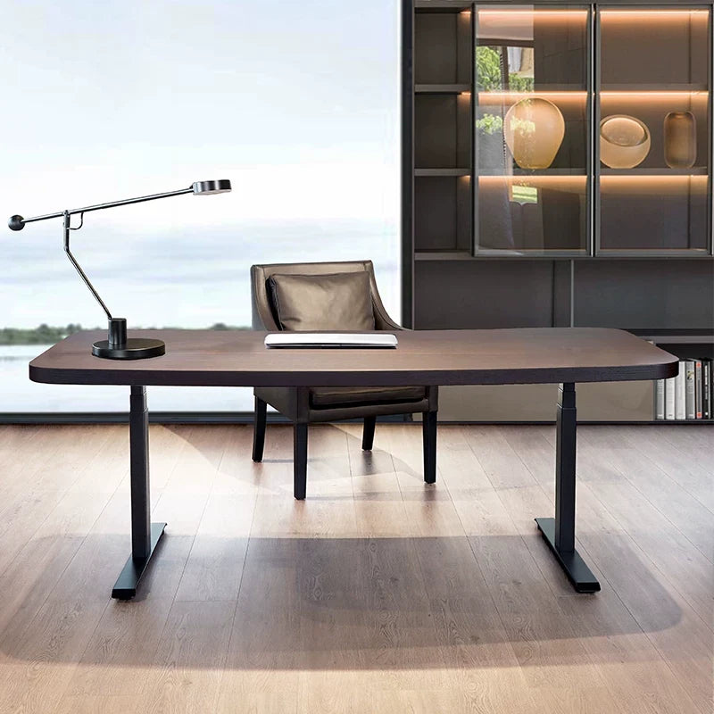 Wide height-adjustable standing desk with rounded wood desktop and black frame