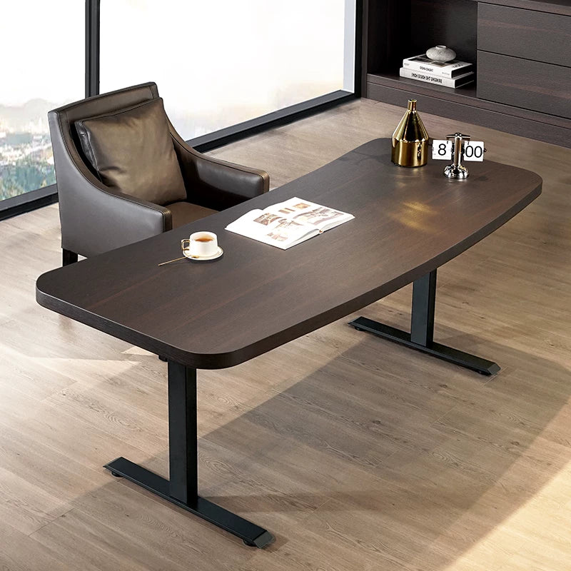 Wide height-adjustable dual-motor standing desk in a contemporary executive office