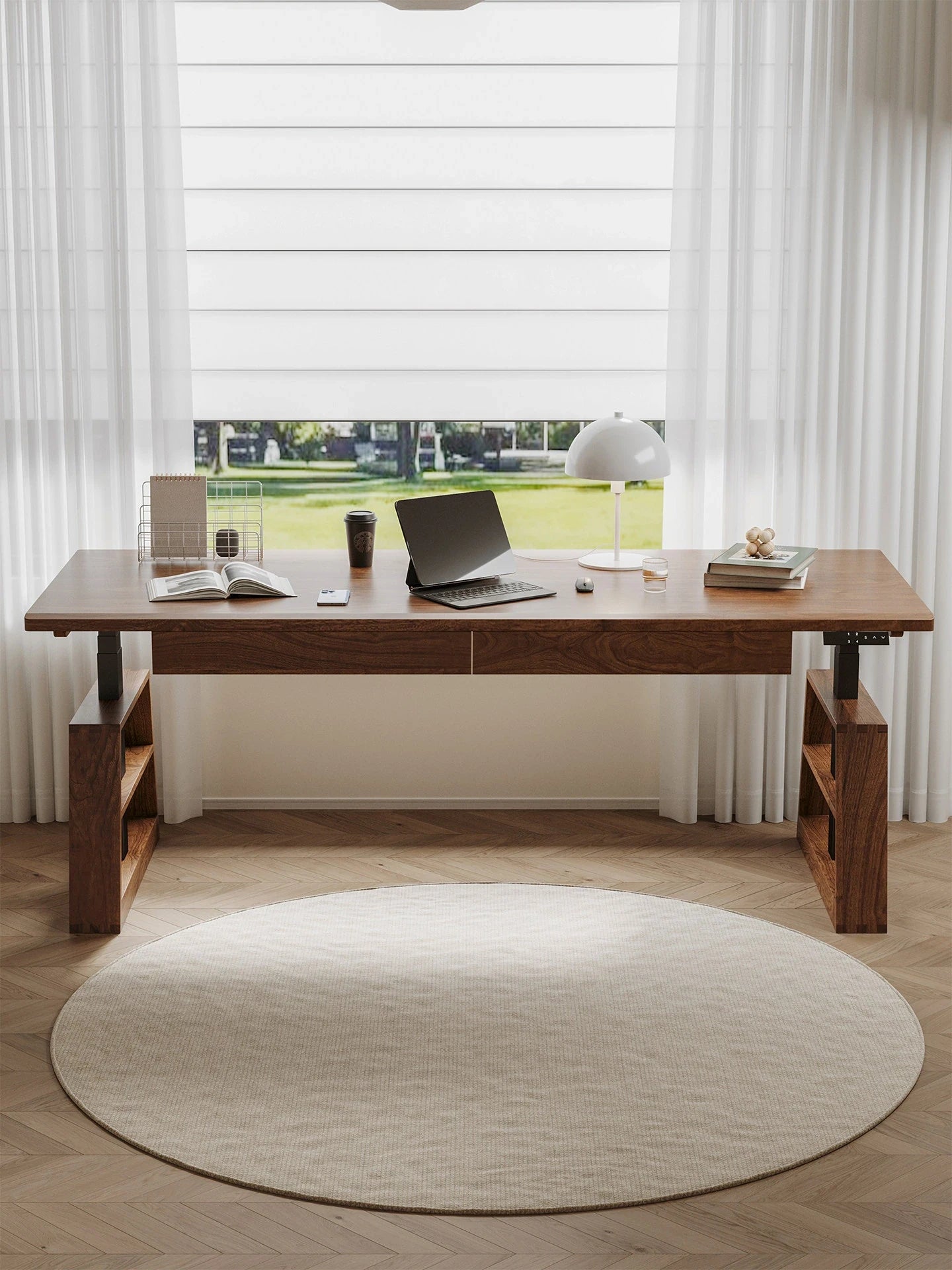 Wide hardwood height adjustable desk with integrated drawers