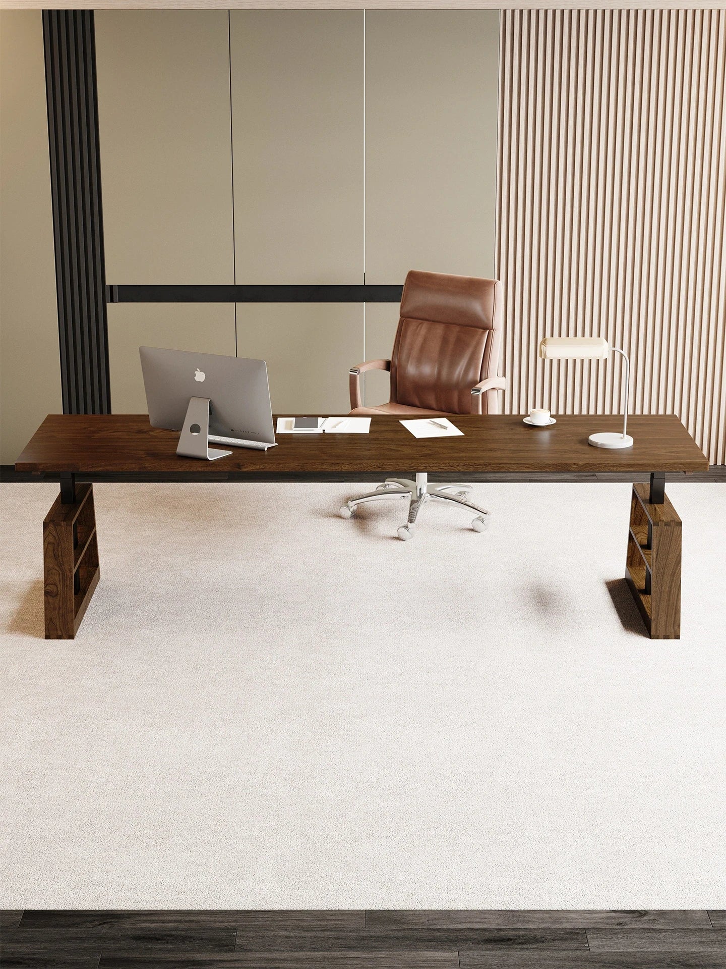 Wide hardwood height adjustable desk for a professional workspace