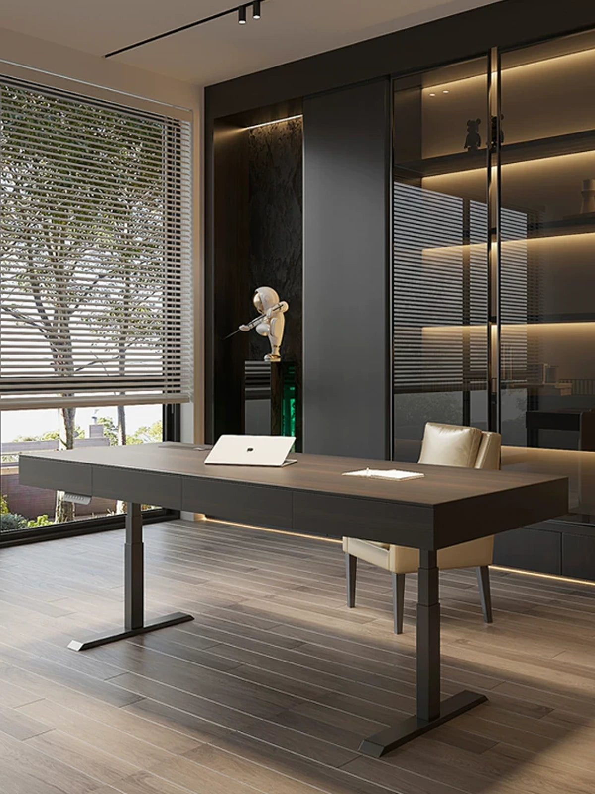 wide smoked wood height adjustable desk in a contemporary office