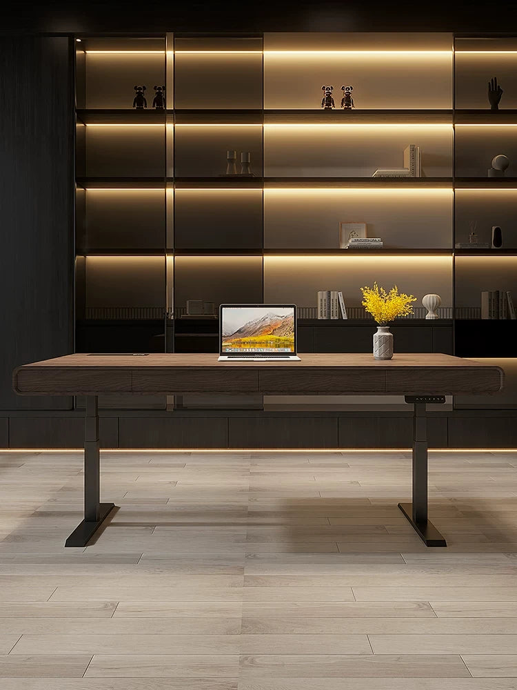 wide height adjustable desk with drawers front view