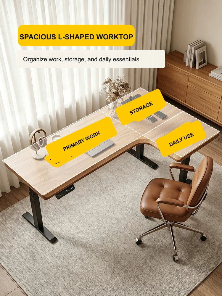 Wide L-shaped electric standing desk arranged into work, storage, and daily-use zones