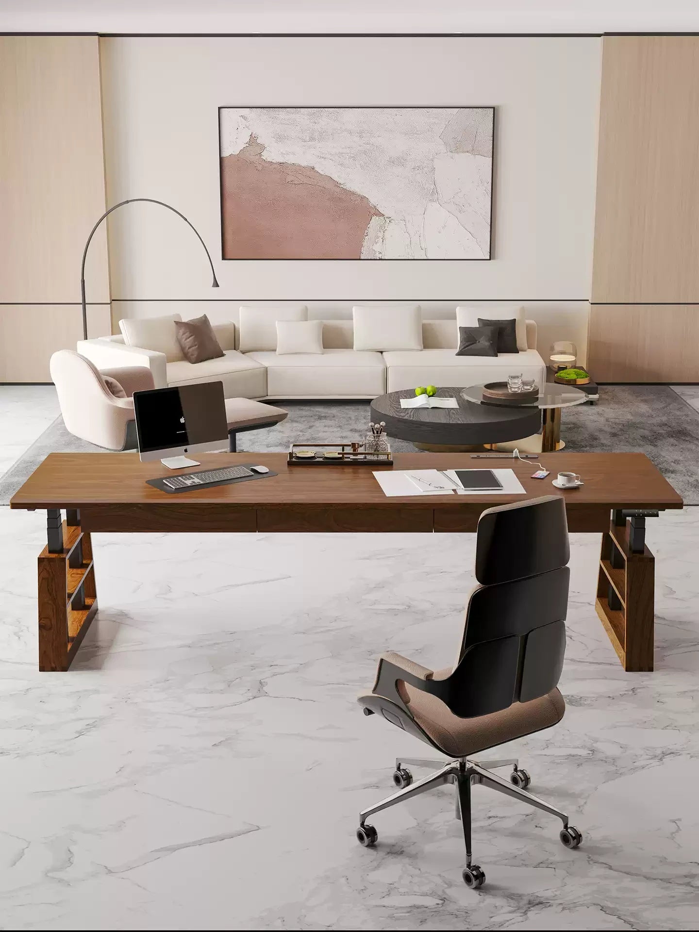 Wide solid wood standing desk for a spacious home office