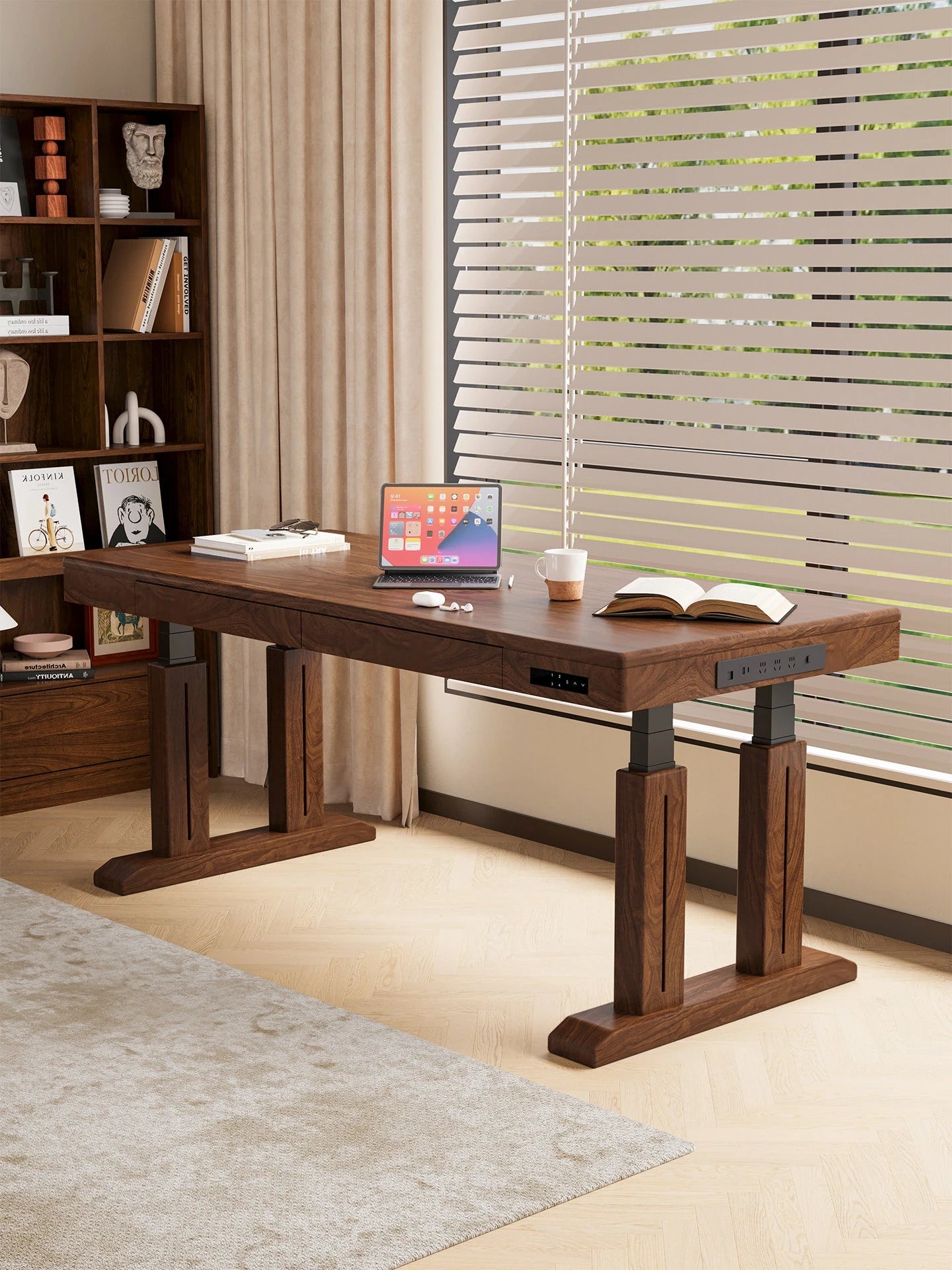 Wide solid wood height-adjustable desk for a multi-monitor workspace
