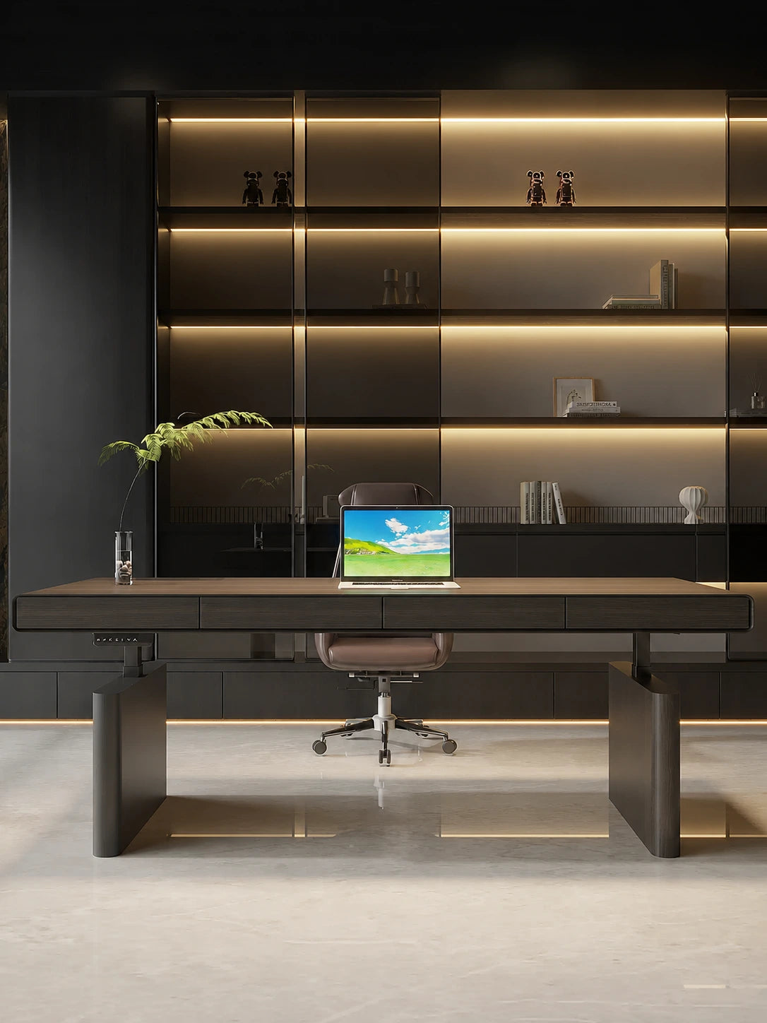 wide dual motor standing desk with drawers shown from the front
