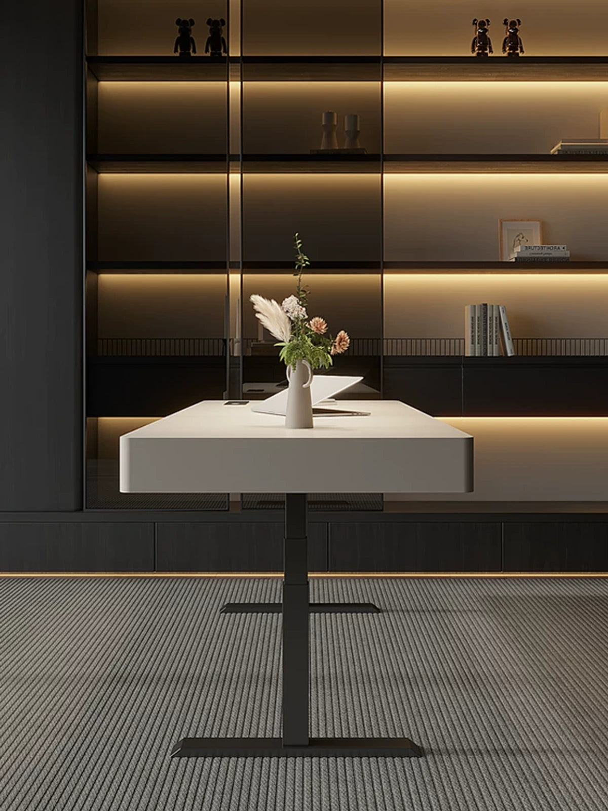 wide electric standing desk in a home office