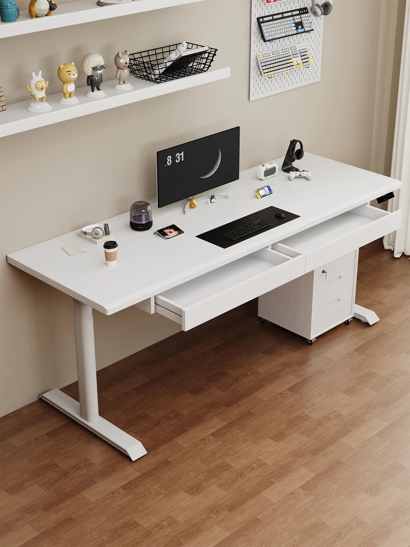 Wide white ash electric standing desk for home office