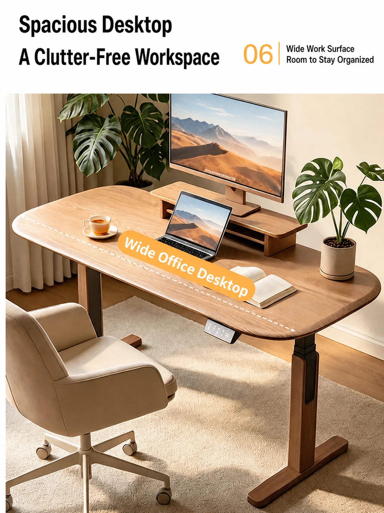 wrap-leg solid wood dual-motor electric standing desk in a modern home office