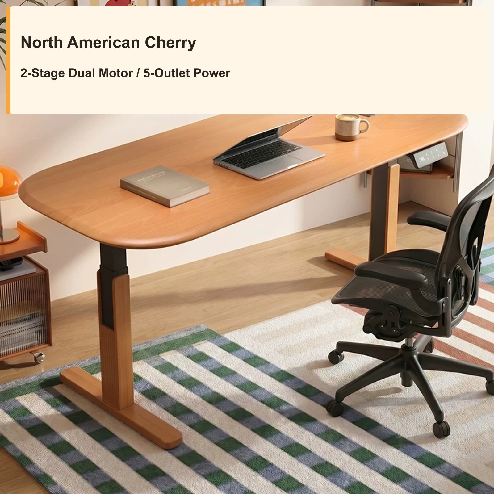 wrap leg electric standing desk cherry natural 2 stage power strip