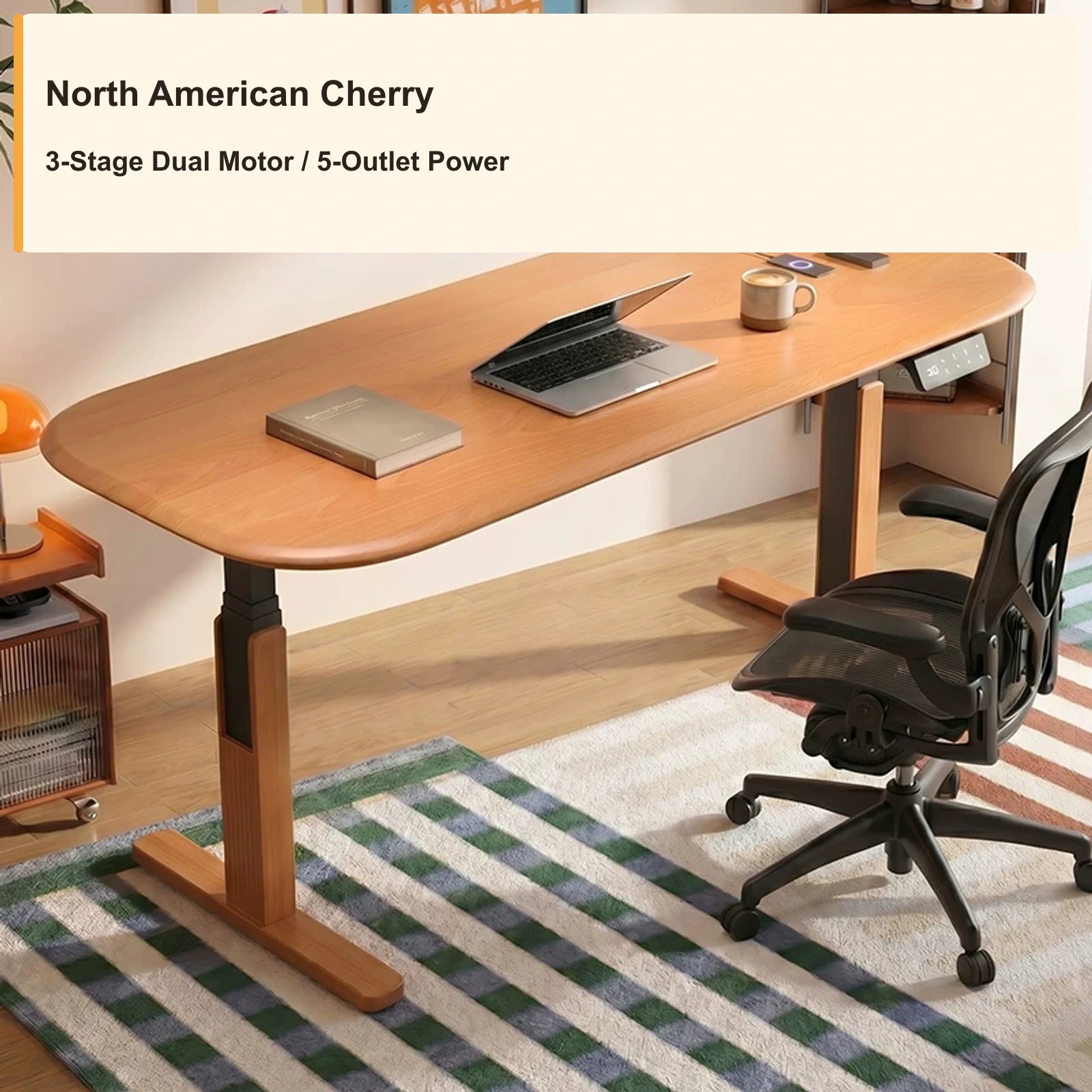 wrap leg electric standing desk cherry natural 3 stage power strip