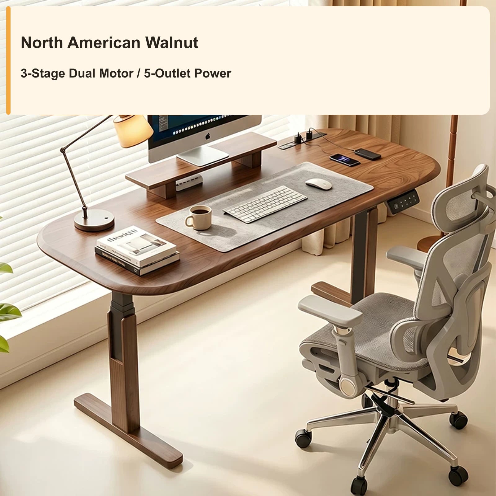 wrap leg electric standing desk walnut natural 3 stage power strip