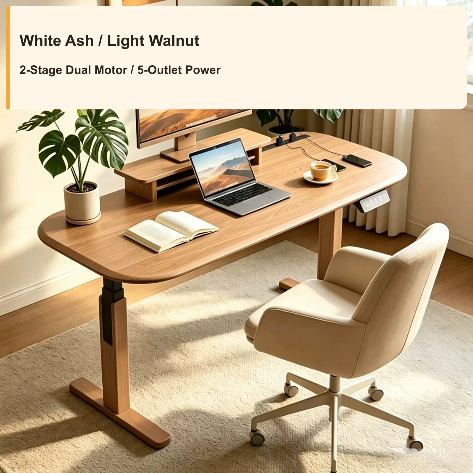 wrap leg electric standing desk white ash light walnut 2 stage power strip