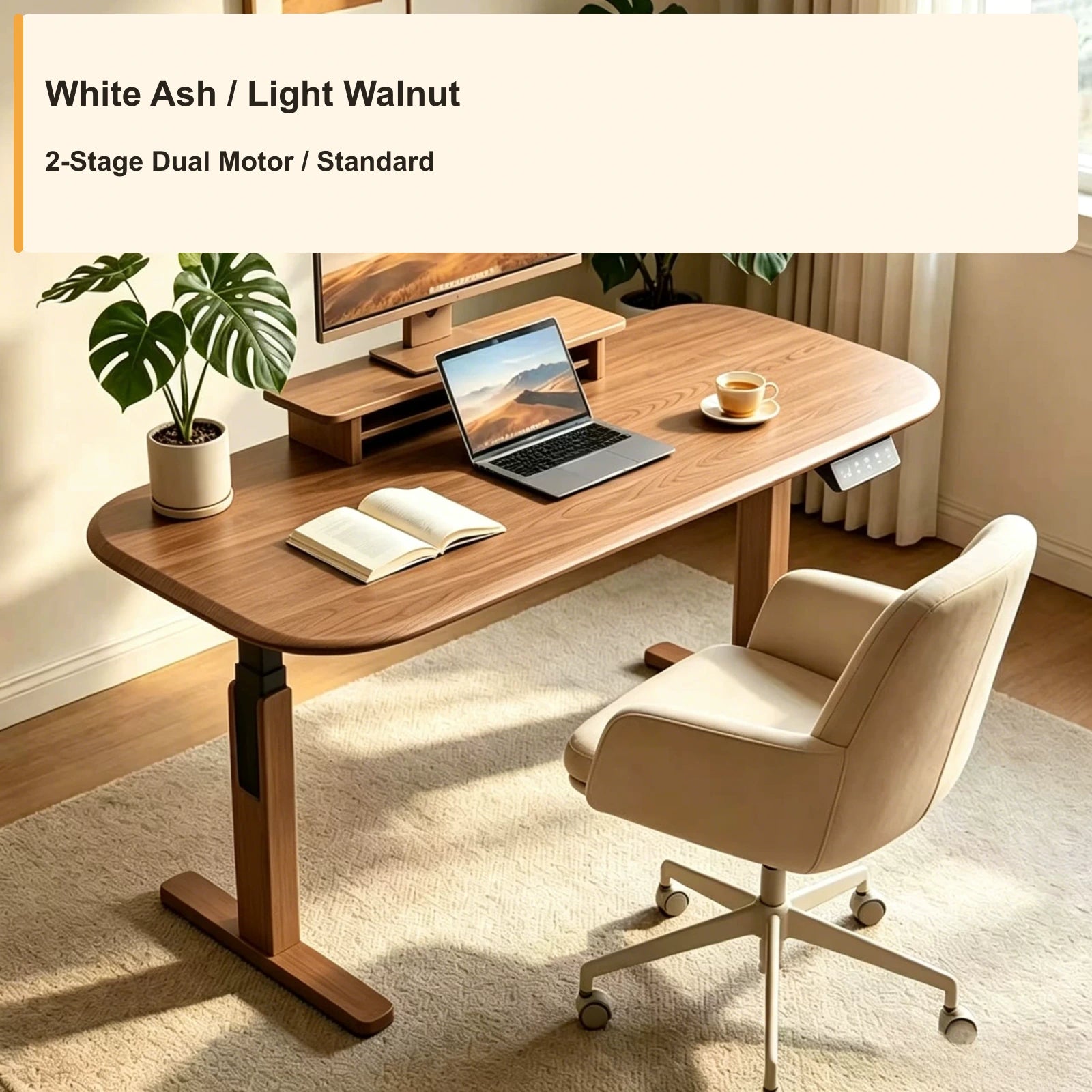 wrap leg electric standing desk white ash light walnut 2 stage standard
