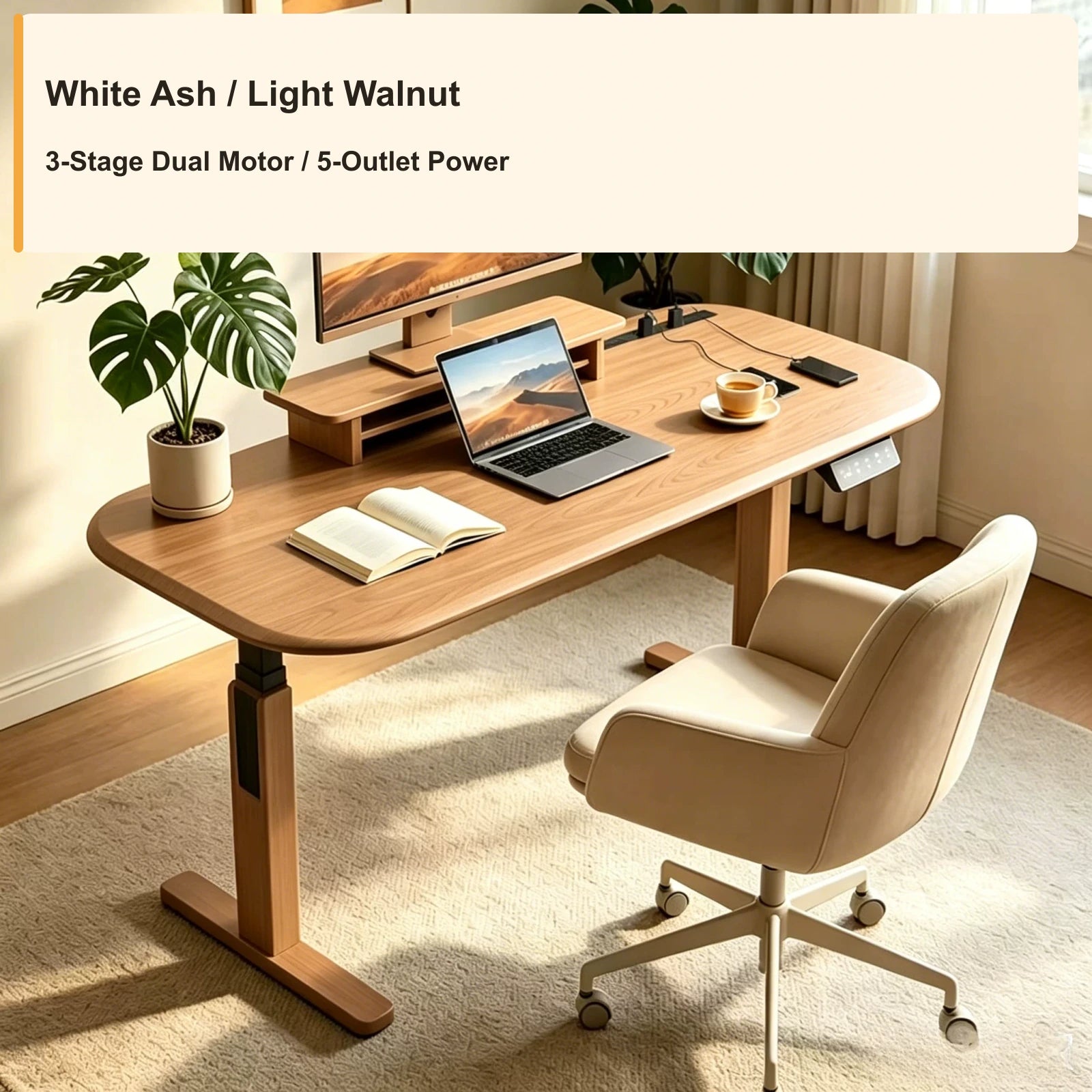 wrap leg electric standing desk white ash light walnut 3 stage power strip