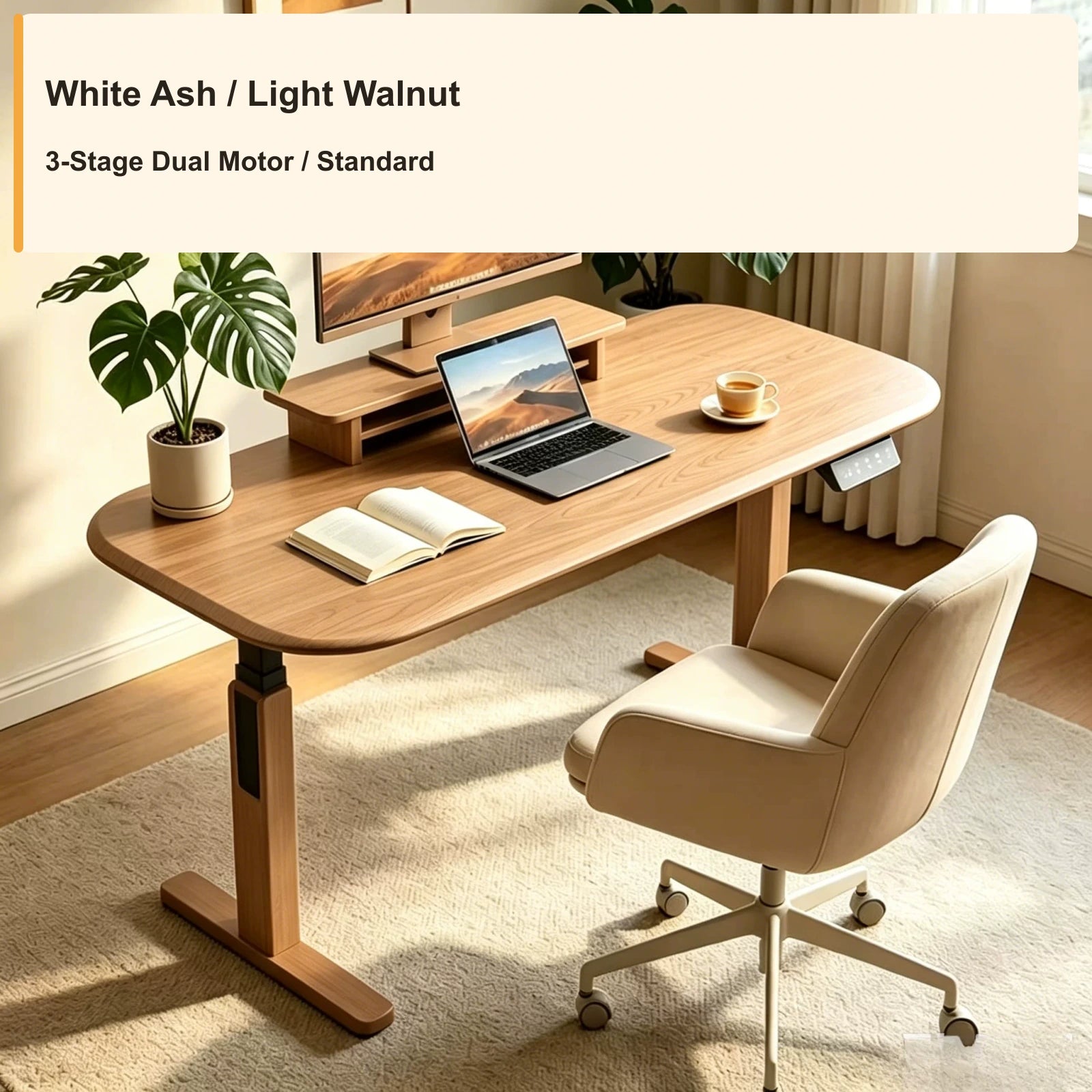 wrap leg electric standing desk white ash light walnut 3 stage standard