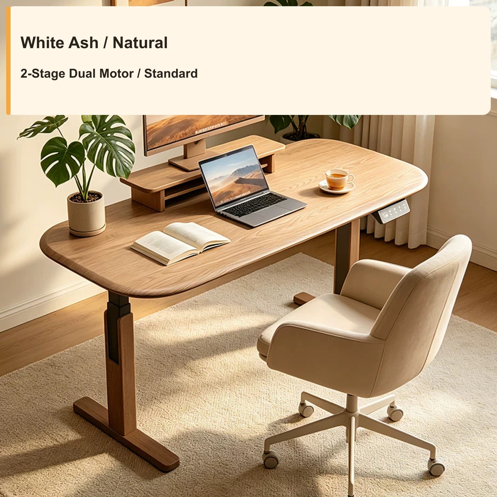 wrap leg electric standing desk white ash natural 2 stage standard