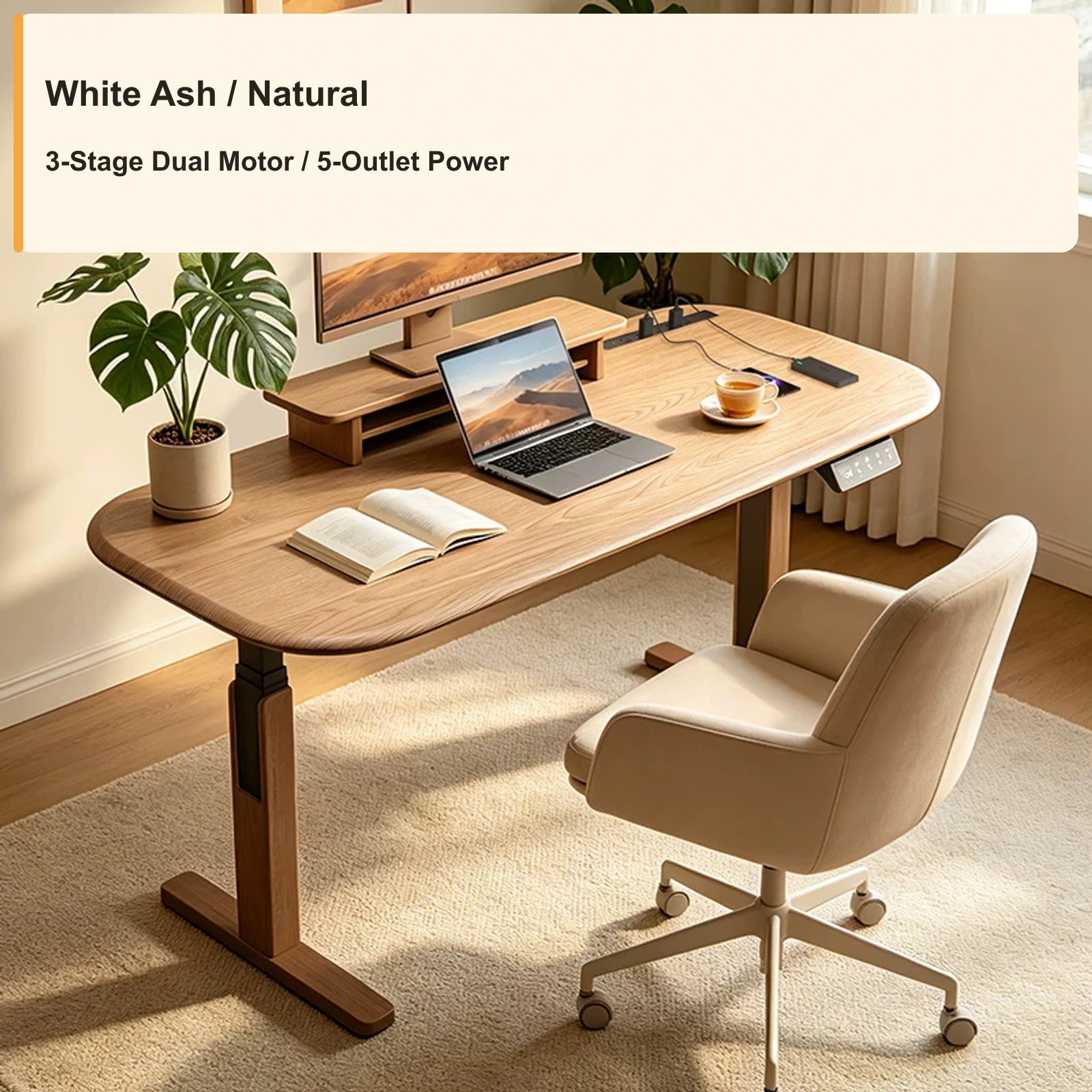 wrap leg electric standing desk white ash natural 3 stage power strip