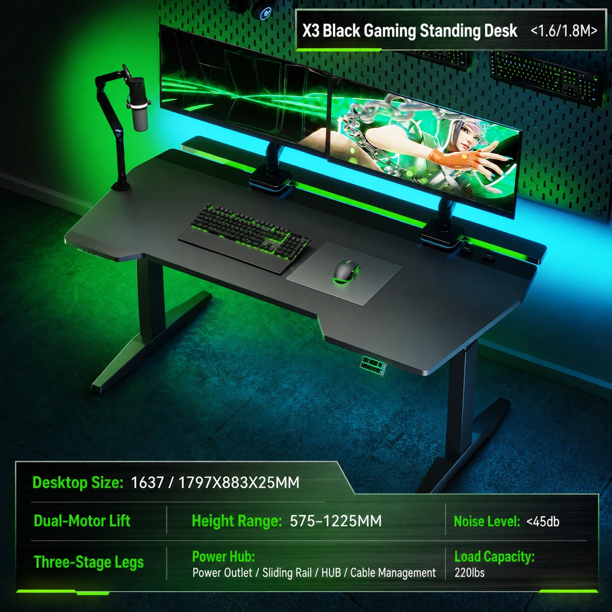 Black X3 dual-motor gaming standing desk in 1630 and 1800 mm sizes