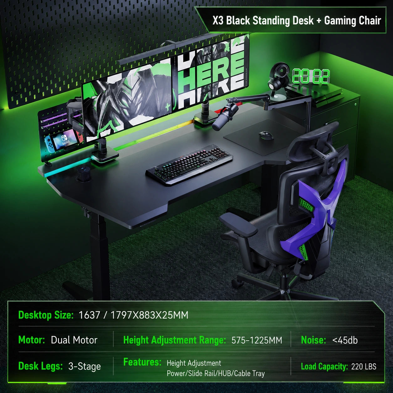 Black X3 gaming standing desk with ergonomic gaming chair
