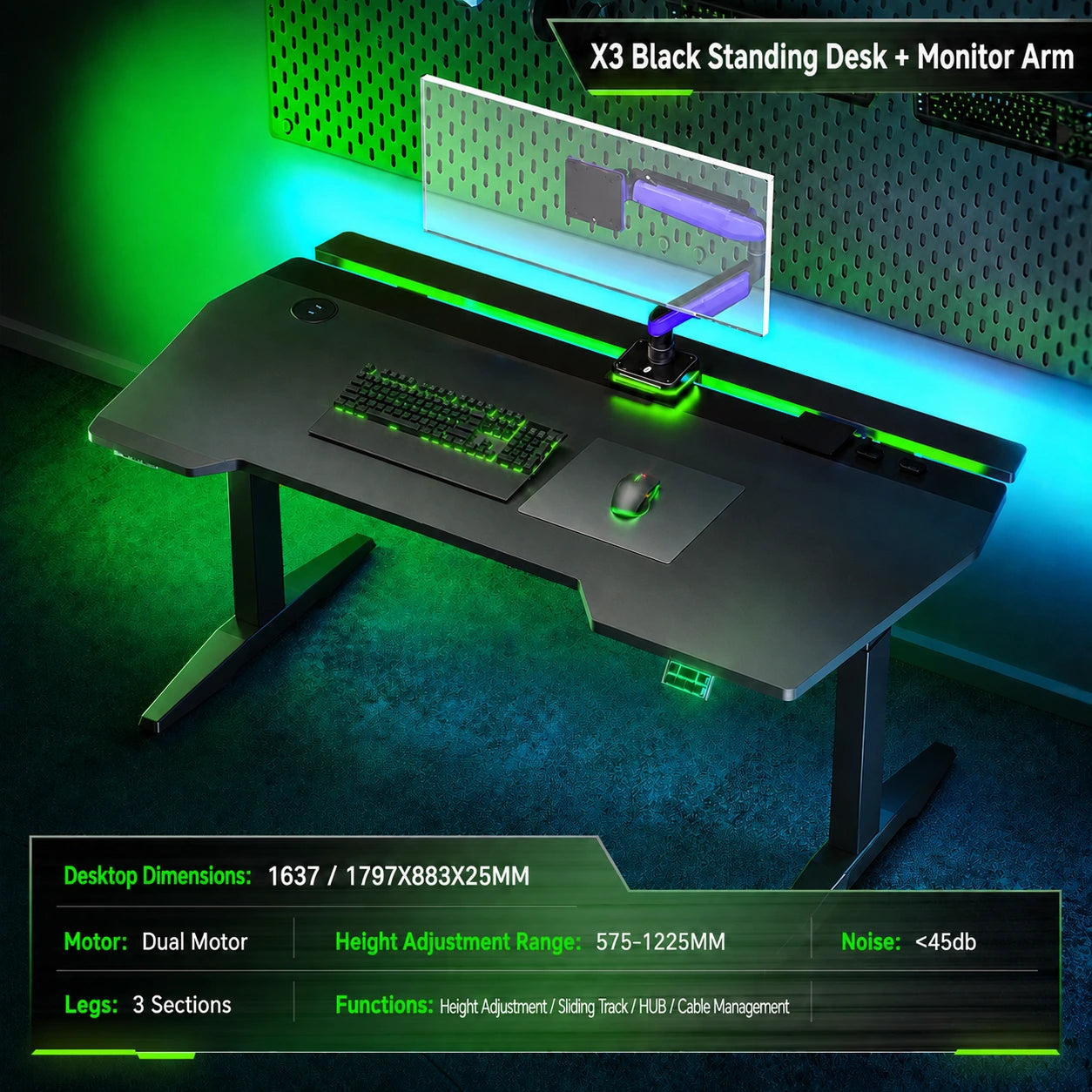 Black X3 gaming standing desk with single monitor arm