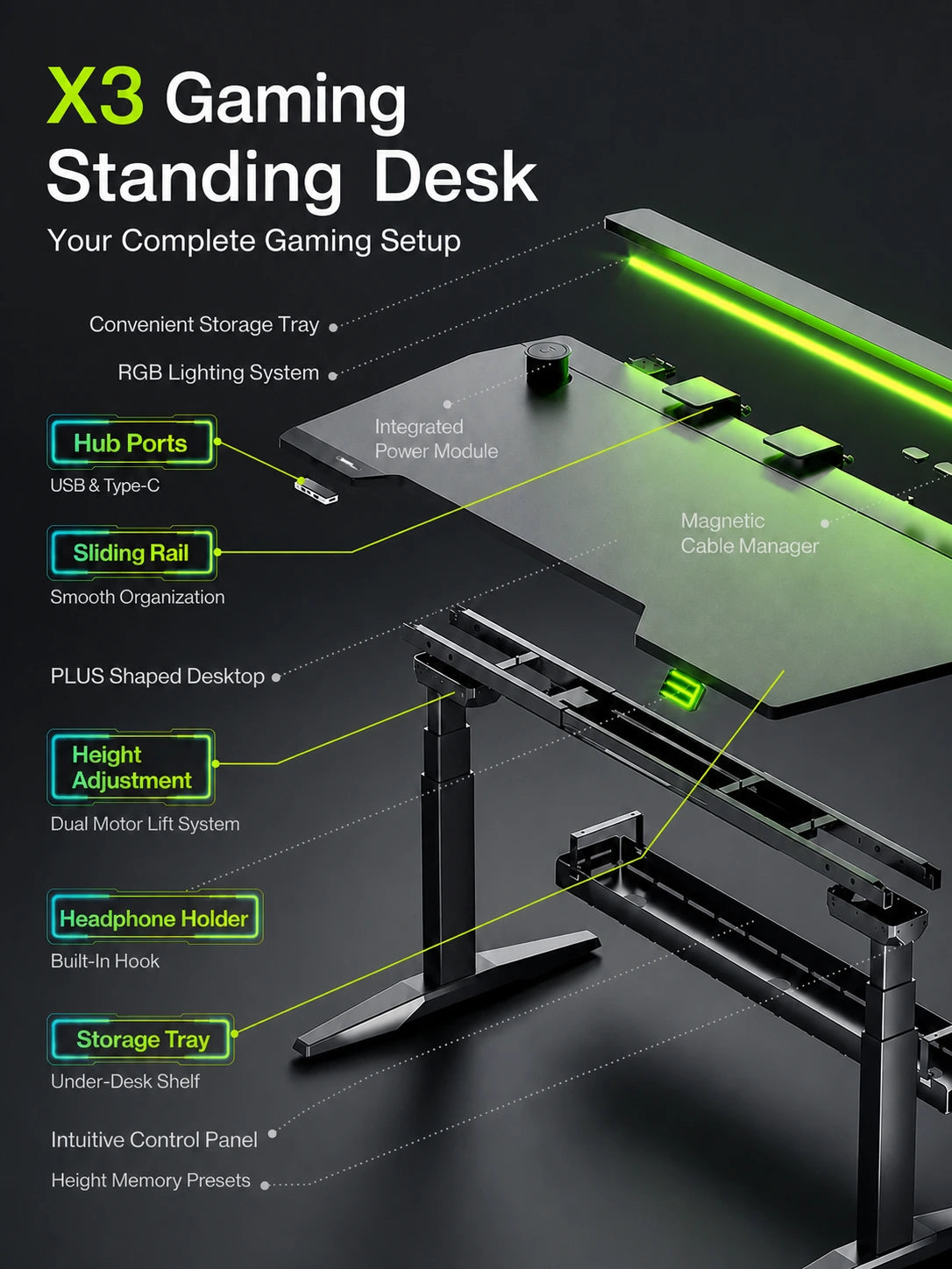 X3 gaming standing desk with sliding rail, power hub and cable management
