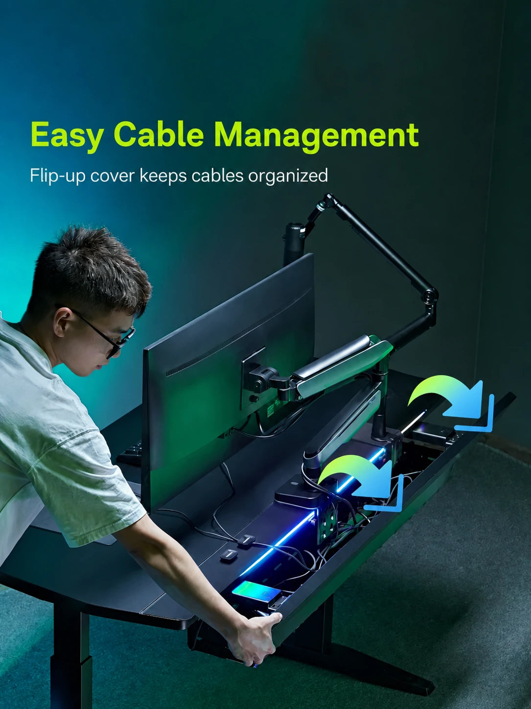 X3 standing desk with flip-up cable management compartment