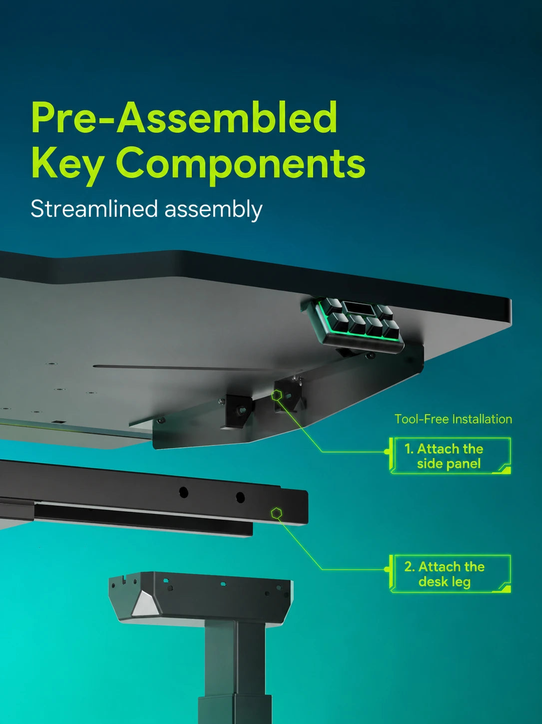 Pre-assembled components under the X3 electric standing desk