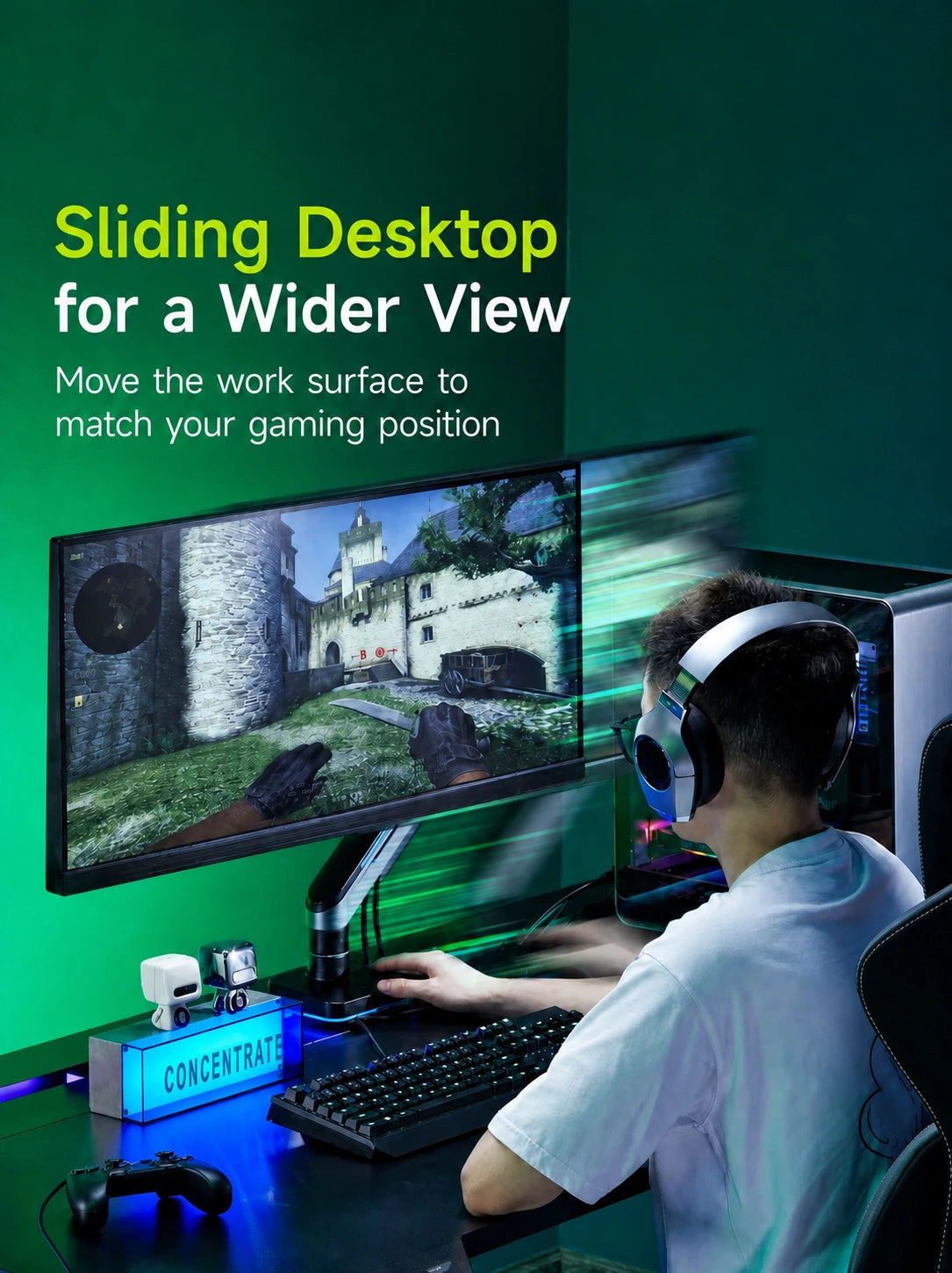 X3 electric standing desk with sliding desktop for a wider gaming view