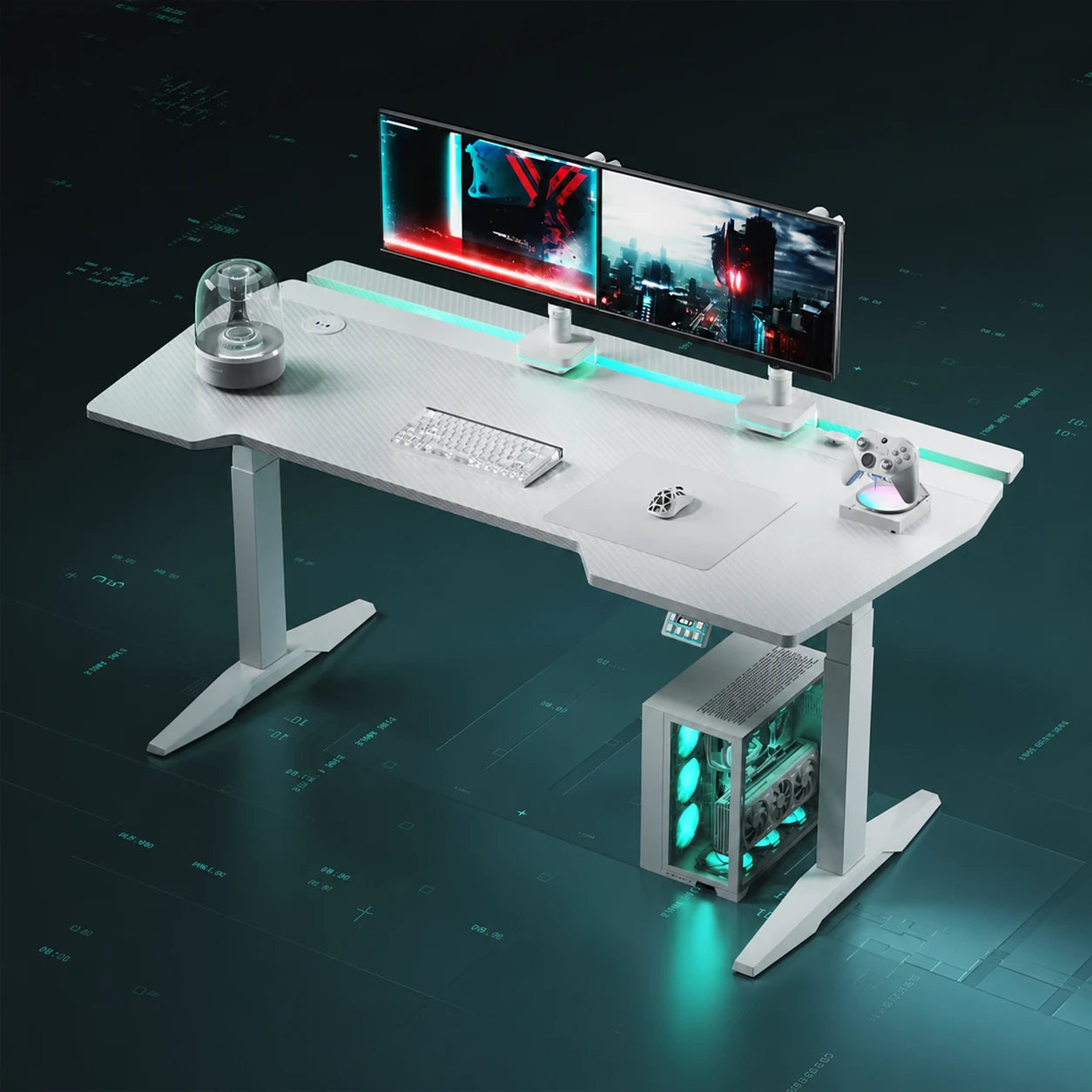 X3 white dual-motor gaming standing desk with RGB lighting and dual monitors