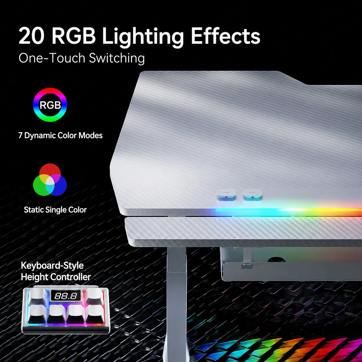 RGB lighting effects and keyboard-style controller on the X3 white gaming standing desk
