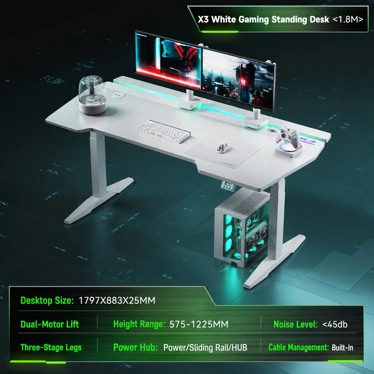 White X3 dual-motor gaming standing desk in 1800 x 880 mm size