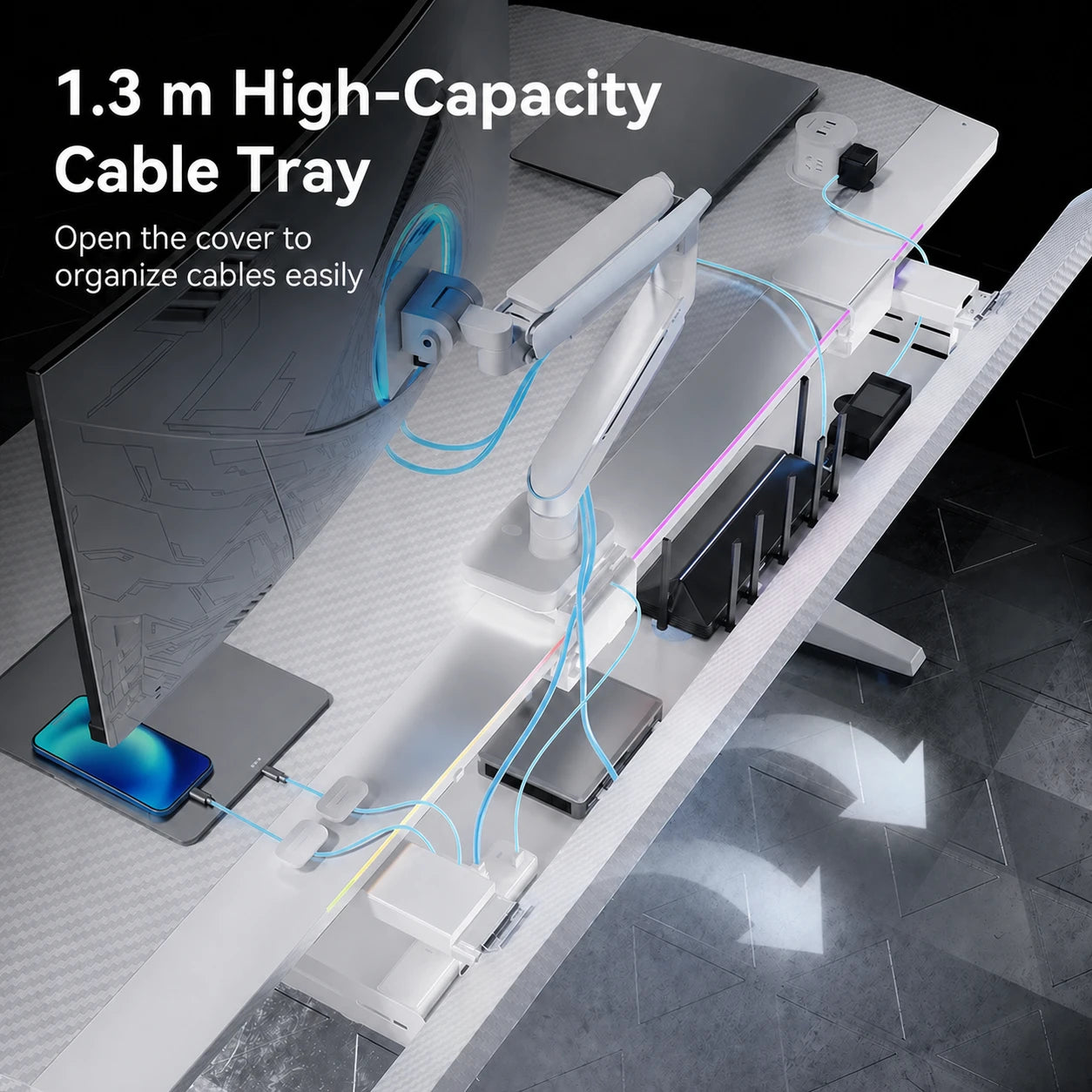 High-capacity cable tray and cable management on the X3 white standing desk