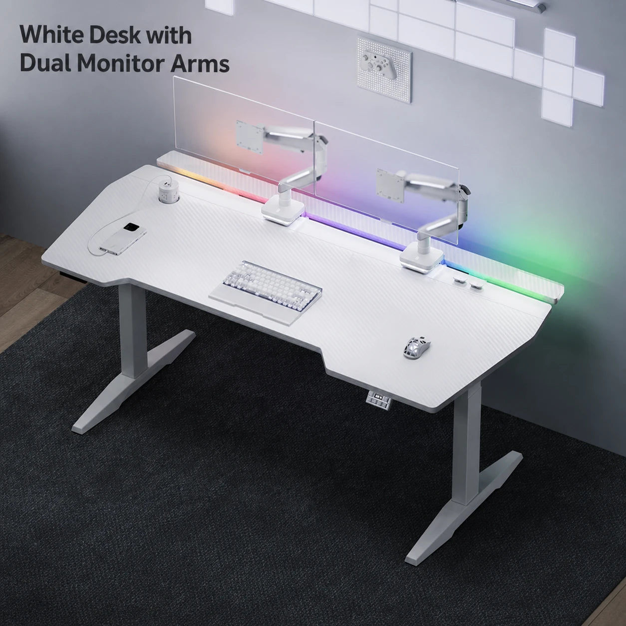 X3 white electric standing desk with two monitor arms