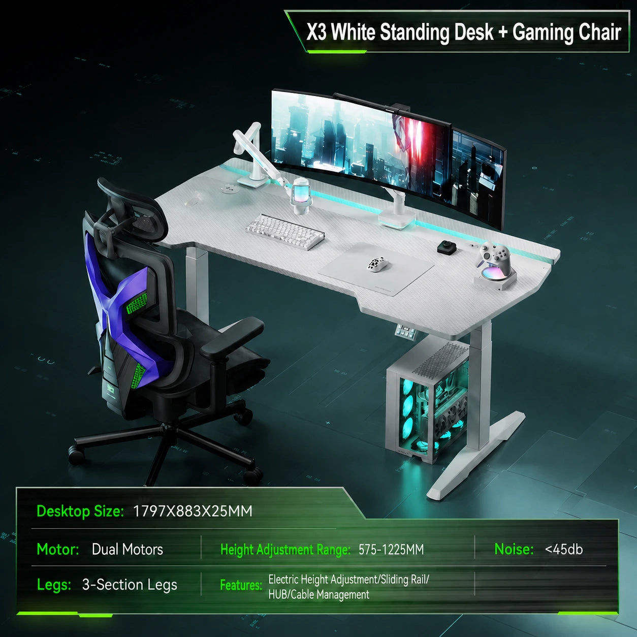 White X3 gaming standing desk with ergonomic gaming chair