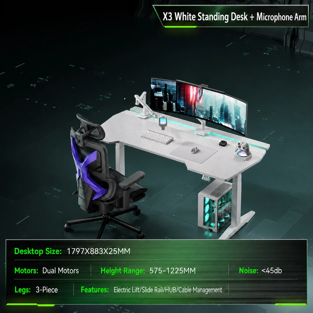 White X3 gaming standing desk with microphone arm