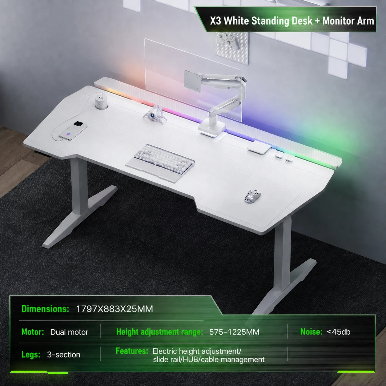 White X3 gaming standing desk with single monitor arm